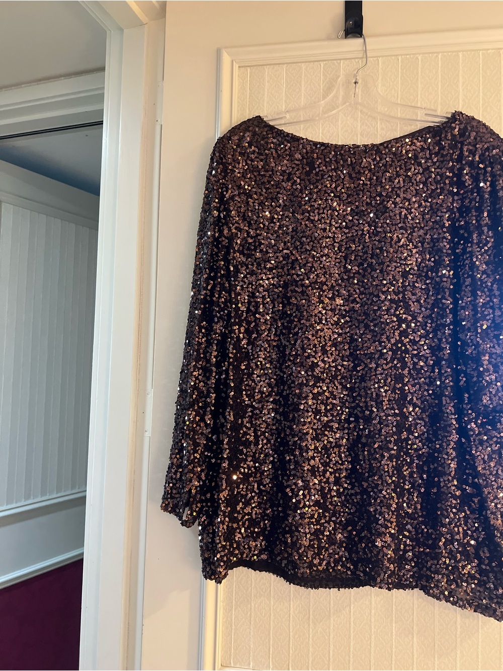 Ellen Tracy Black Sequin Boatneck Top